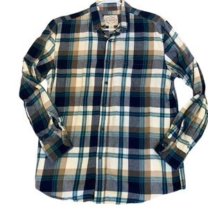 Turquoise/Blue, Tan, & White Plaid Cotton Flannel Button Down Shirt Men’s Sz Med